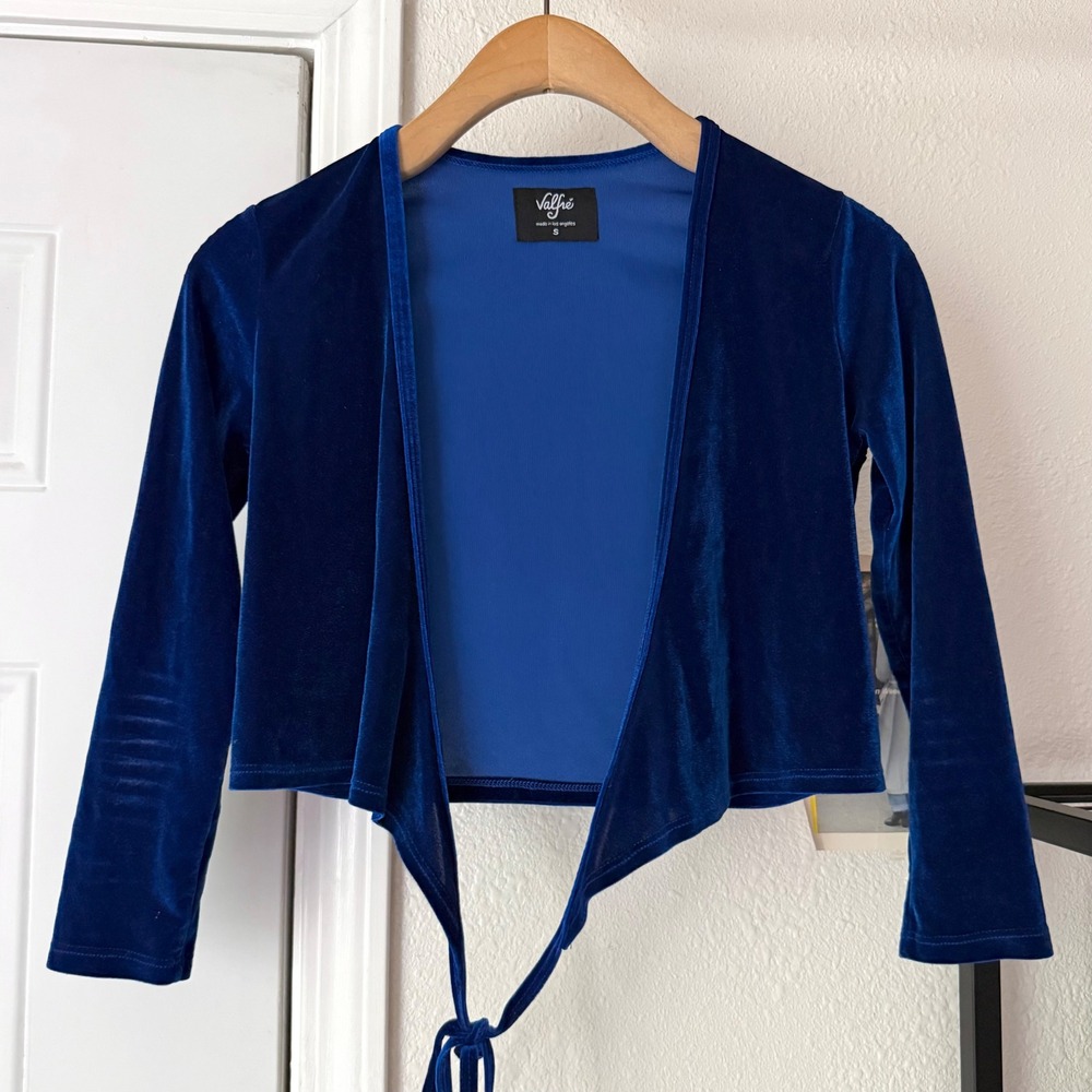VALFRE royal blue velour velvet knit cropped surplice wrap top shirt